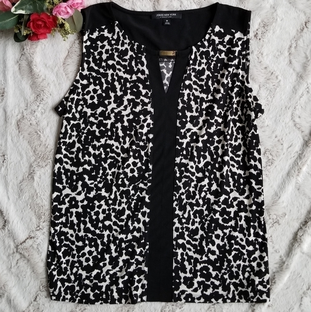 ✨️CL Jones NY Signature Animal Print Black White Blouse Bridge Metal Accent M